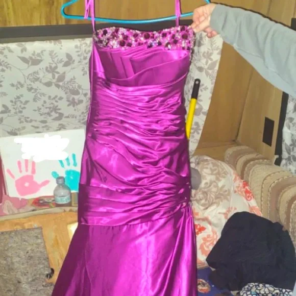 strapless open back dress Elegant Purple Beading Satin Long Prom Dress Birthday Outfits, DP3779 –  DSProm